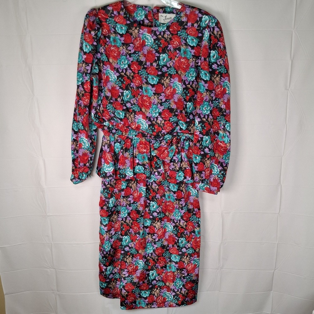 Vintage The Jones Girl Womens Sz 14 Dress Red Teal Floral 80's Bow Peplum Modest